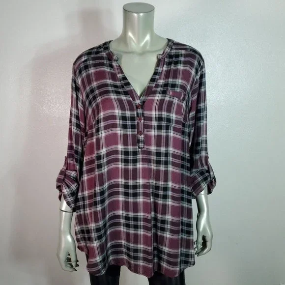 Torrid 1 Twill Henley Tunic Top Plus Size 1X Roll Tab Sleeve Pocket Plaid Purple - Picture 3 of 7